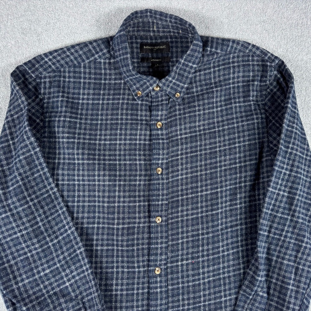 Banana Republic Shirt Men's L Navy Plaid Untucked Fit Button Down 100% Cotton